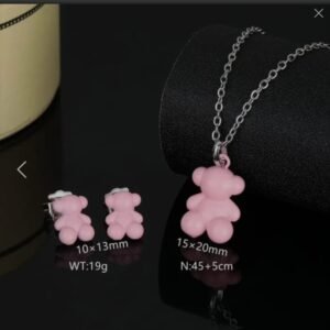 Set de Collar y Aretes con Dijes de Osito Rosa