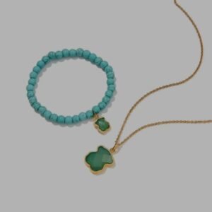 Set de Pulsera y Collar con Dijes en Forma de Trébol Verde y Turquesa