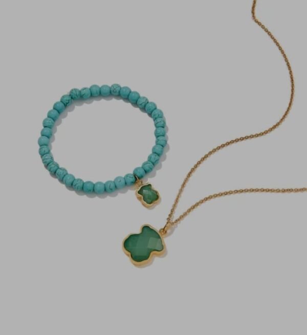 Set de Pulsera y Collar con Dijes en Forma de Trébol Verde y Turquesa